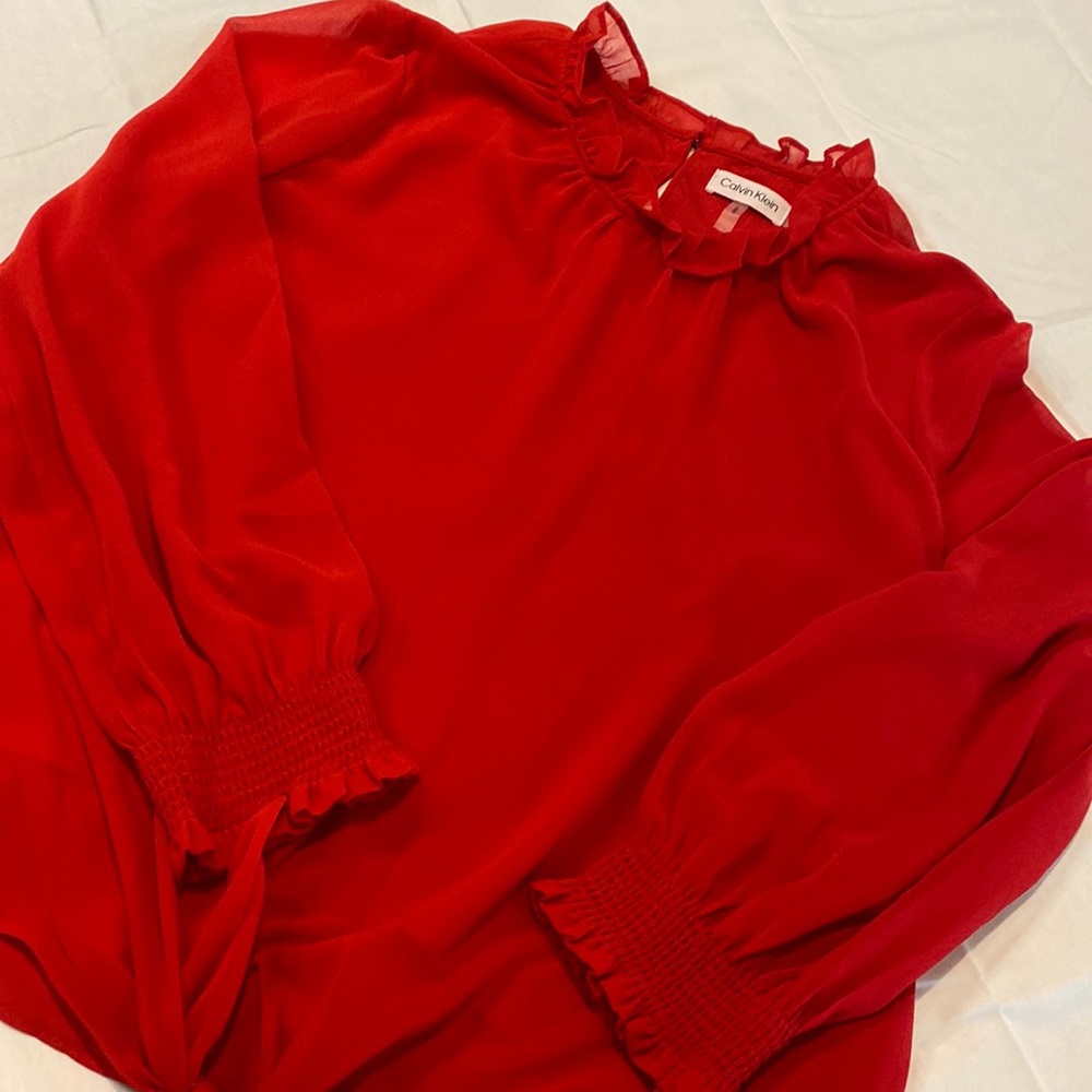 Calvin Klein women’s large red Blouse sheer arms, ruffle collar, Feminine